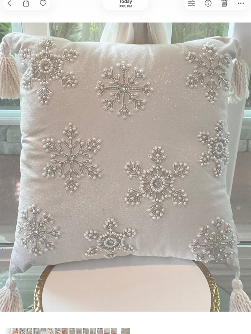 Beaded Cream Colored Snowflake Pillow